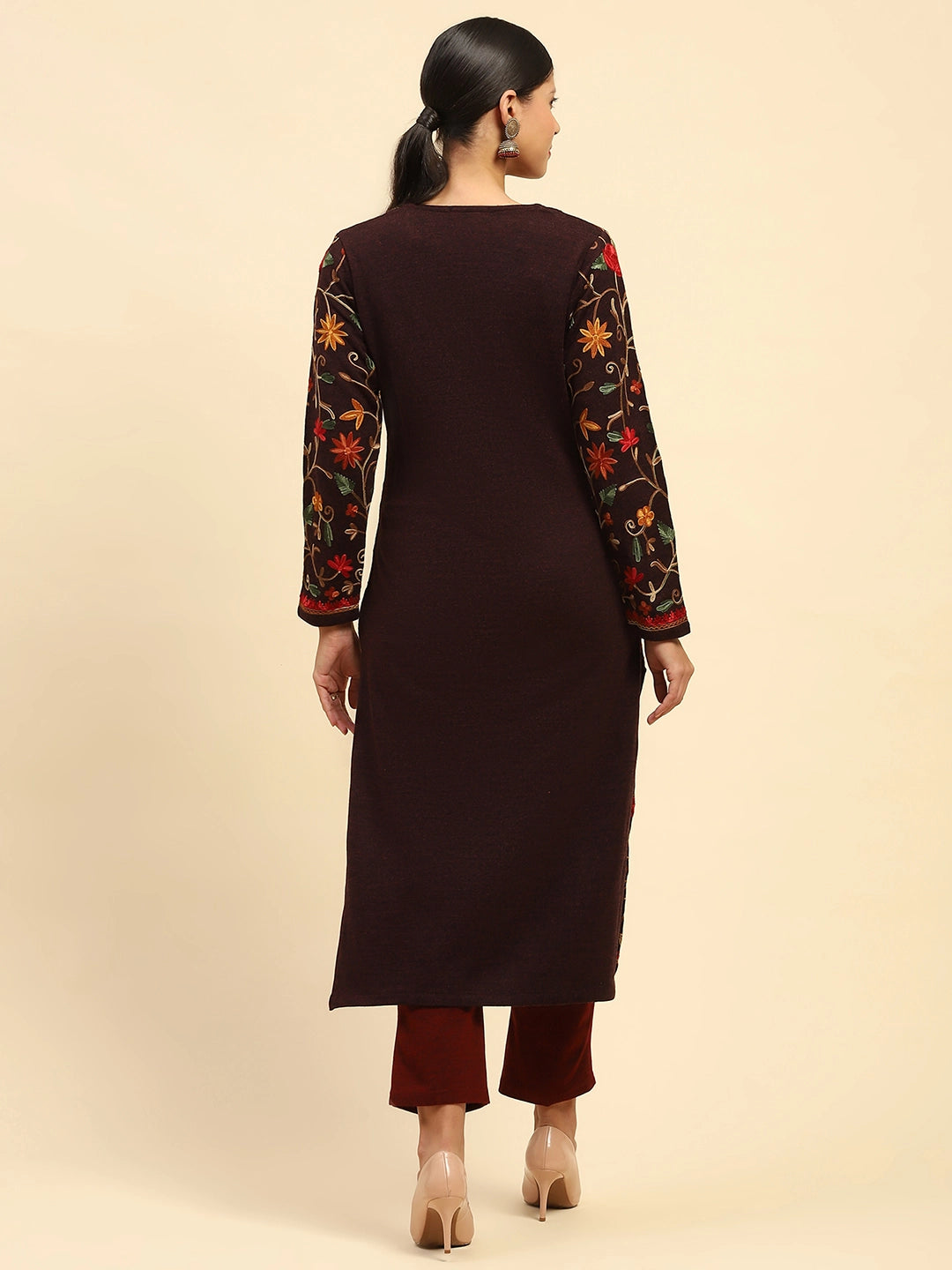 Wine Woolen Thread Embroidered Round Neck Kurta - Global Republic