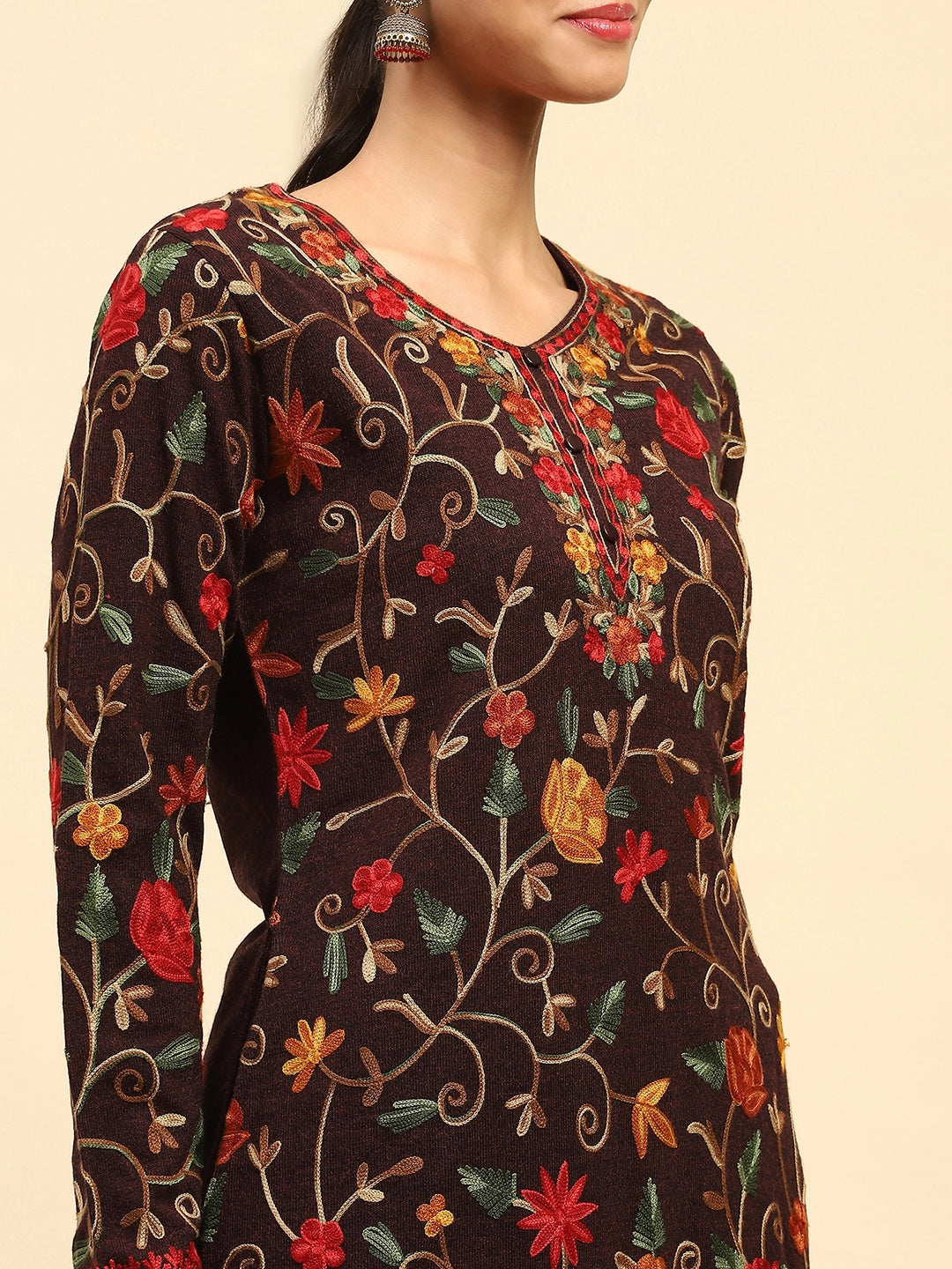 Wine Woolen Thread Embroidered Round Neck Kurta - Global Republic