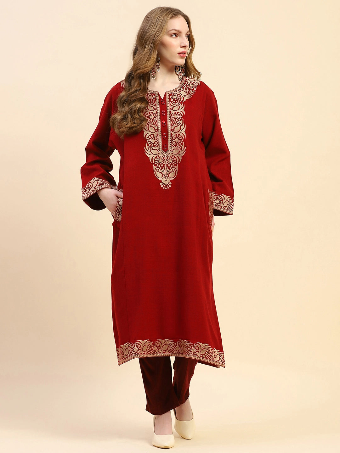Maroon Woolen Embroidered Notch Neck Kurta - Global Republic