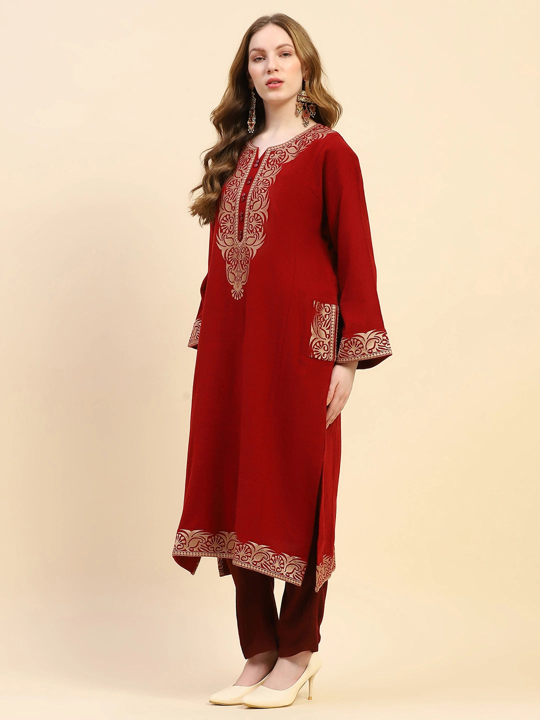 Maroon Woolen Embroidered Notch Neck Kurta - Global Republic