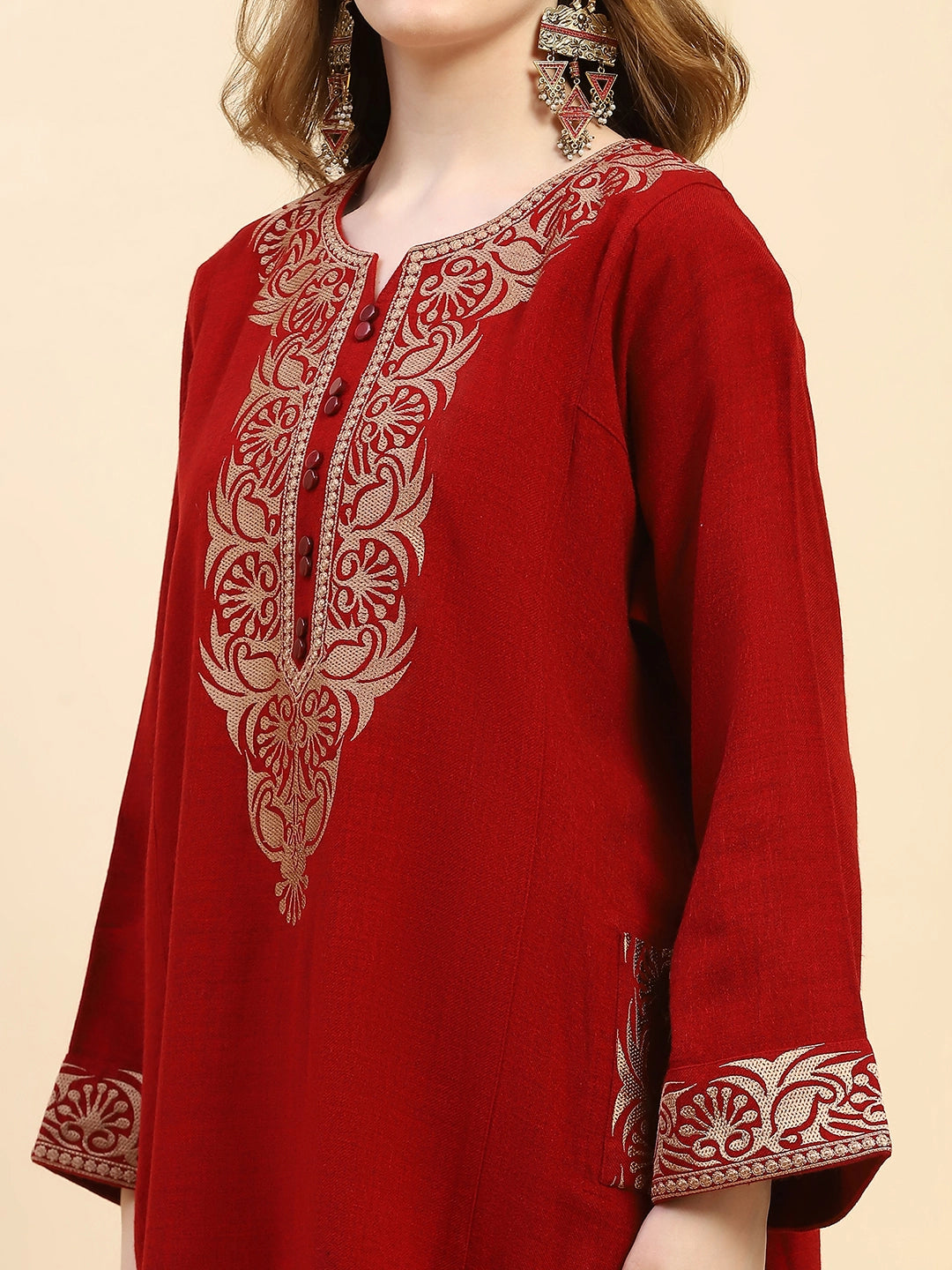 Maroon Woolen Embroidered Notch Neck Kurta - Global Republic
