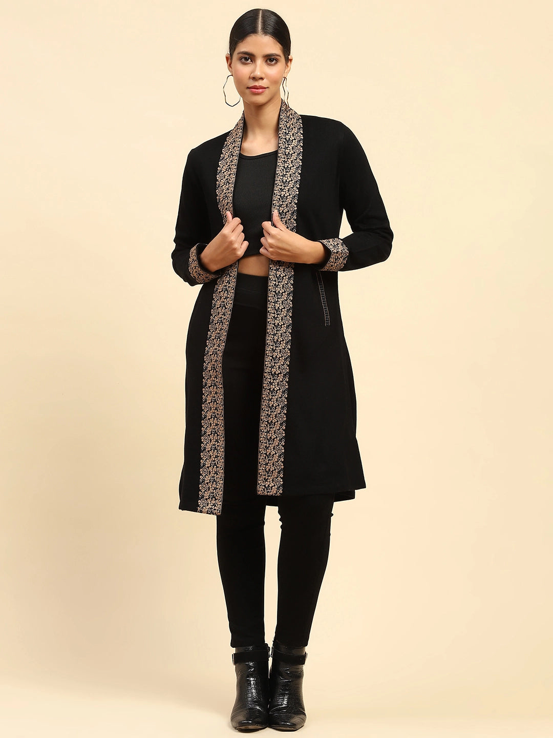 Black Woolen Thread Embroidered Front Open Ethnic Shrug - Global Republic