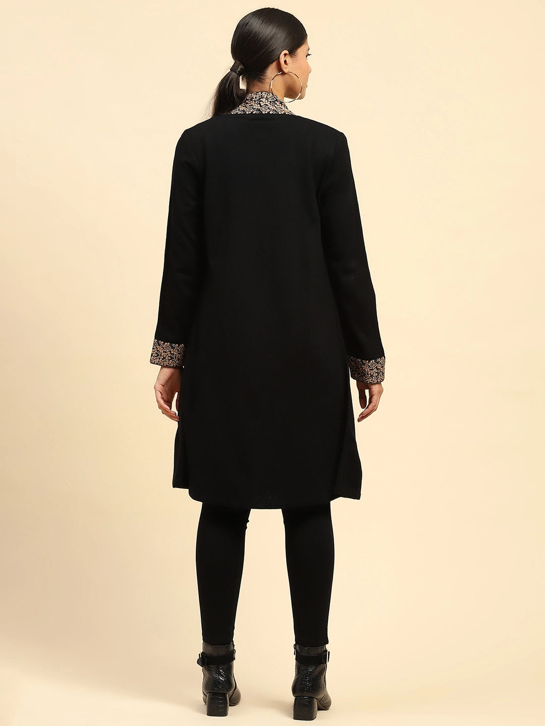 Black Woolen Thread Embroidered Front Open Ethnic Shrug - Global Republic