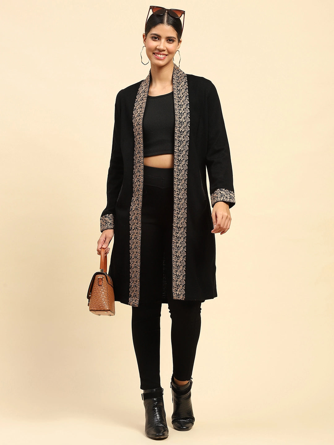 Black Woolen Thread Embroidered Front Open Ethnic Shrug - Global Republic