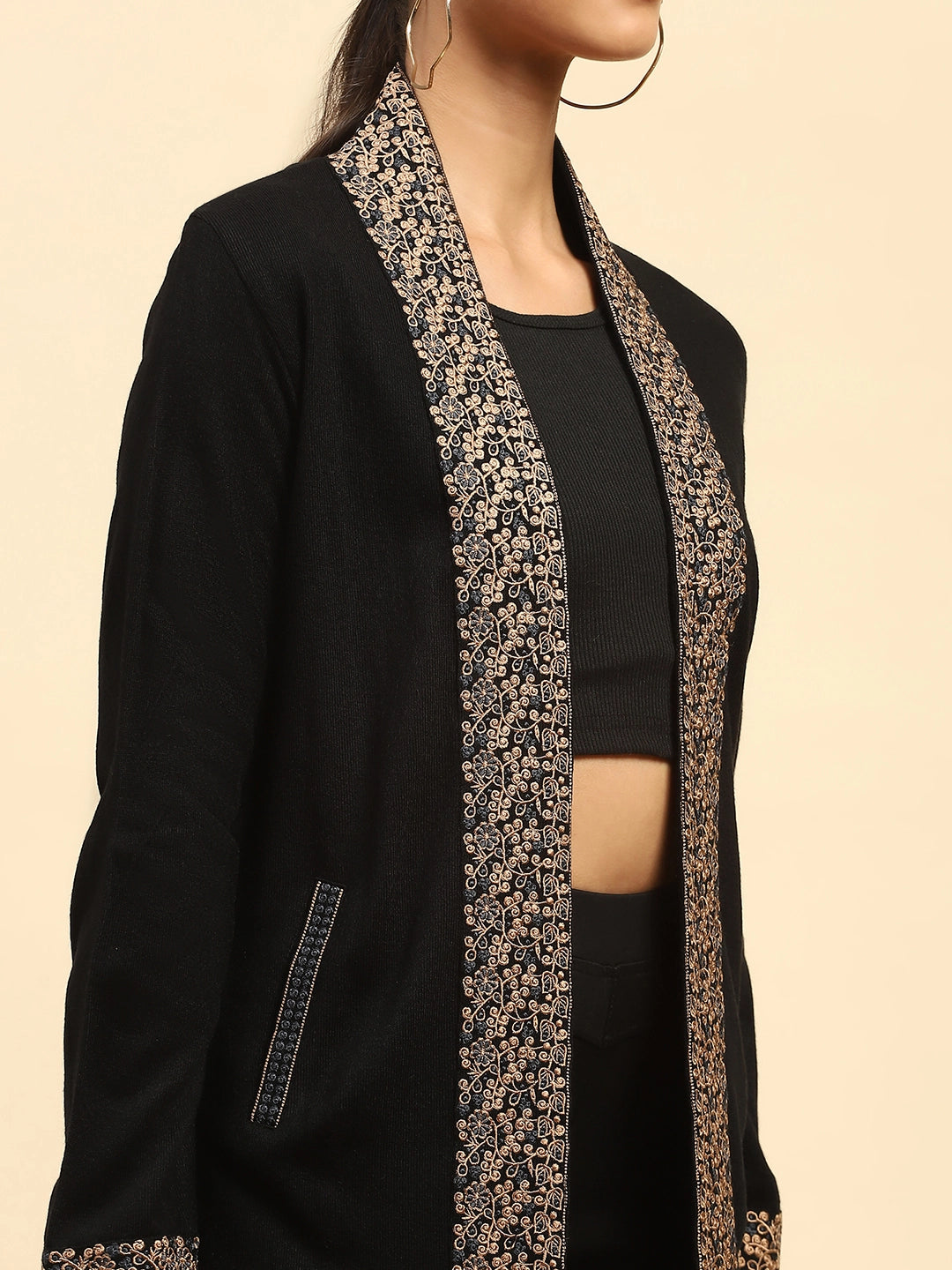 Black Woolen Thread Embroidered Front Open Ethnic Shrug - Global Republic