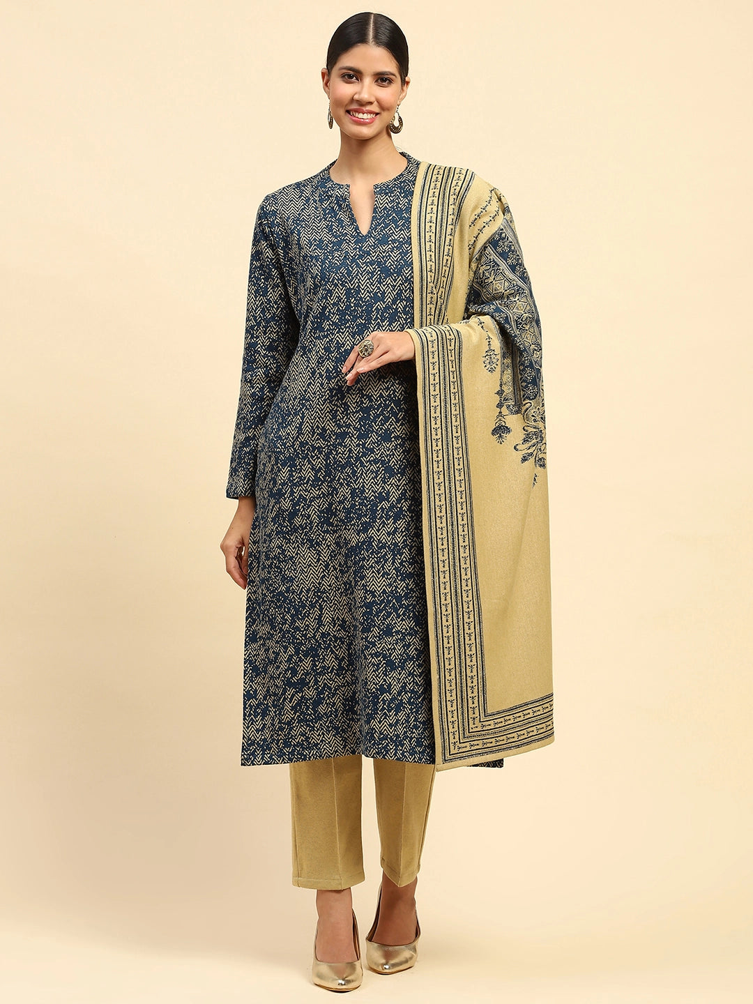 Blue and Beige Woolen Kurta Bottom Set With Dupatta For Winter - Global Republic
