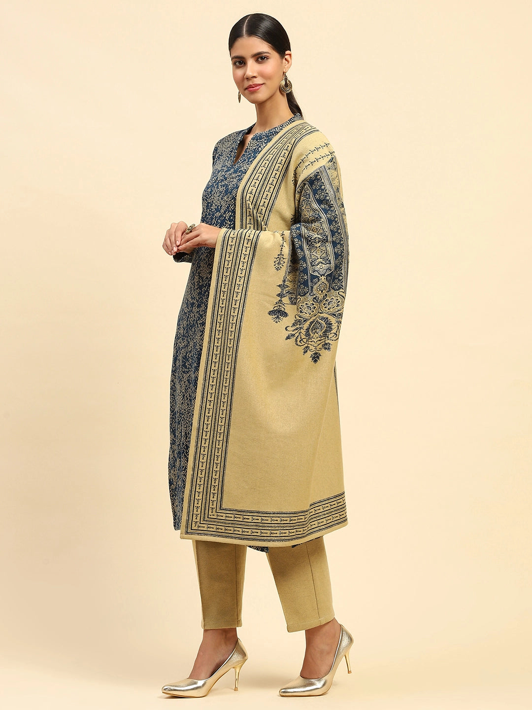 Blue and Beige Woolen Kurta Bottom Set With Dupatta For Winter - Global Republic