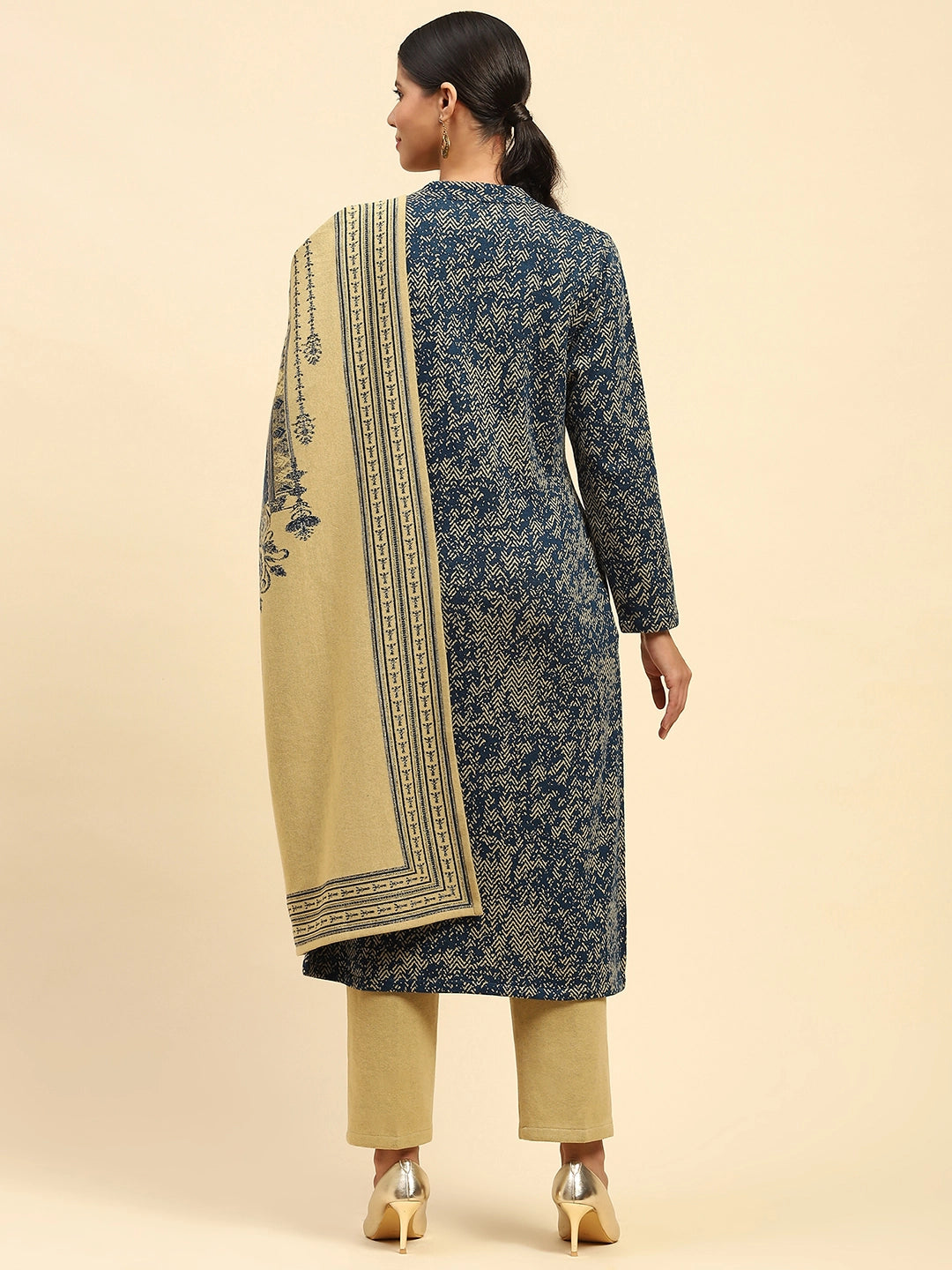 Blue and Beige Woolen Kurta Bottom Set With Dupatta For Winter - Global Republic
