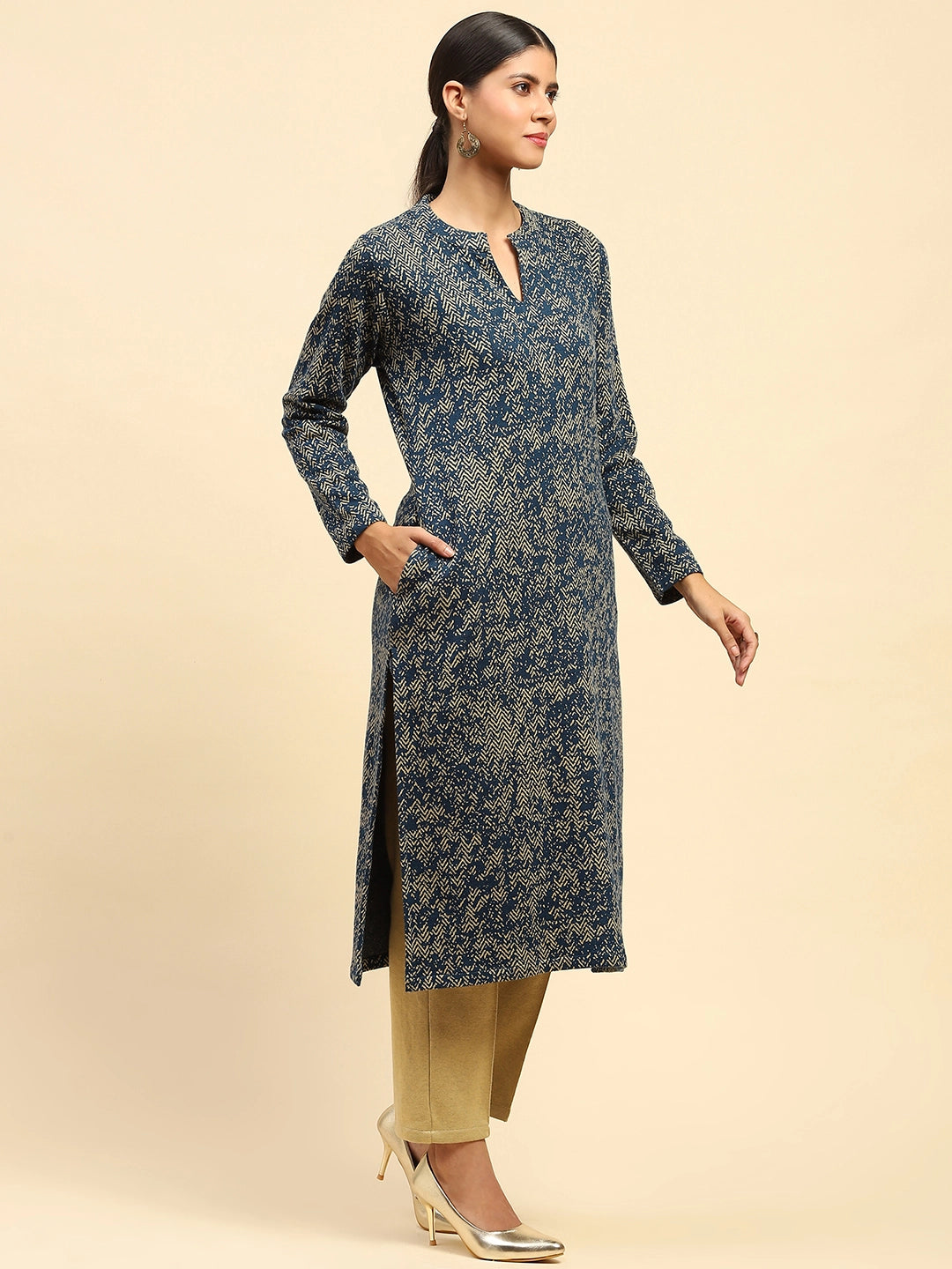 Blue and Beige Woolen Kurta Bottom Set With Dupatta For Winter - Global Republic