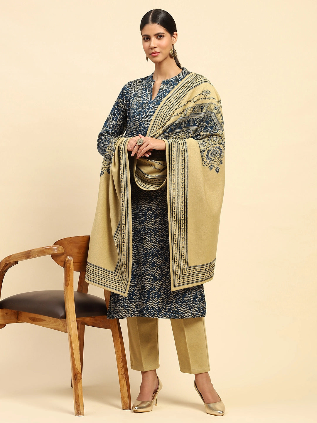 Blue and Beige Woolen Kurta Bottom Set With Dupatta For Winter - Global Republic