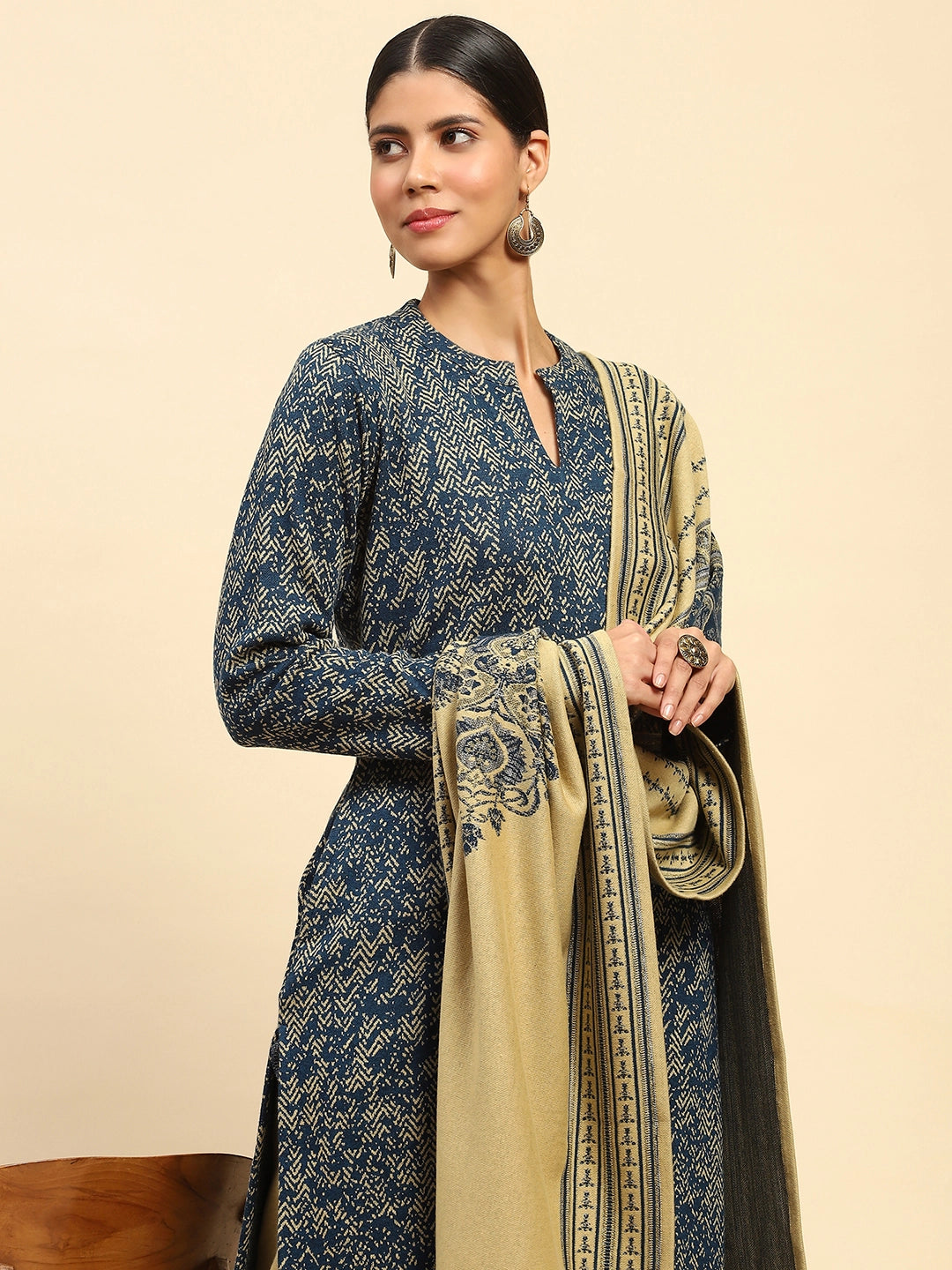 Blue and Beige Woolen Kurta Bottom Set With Dupatta For Winter - Global Republic