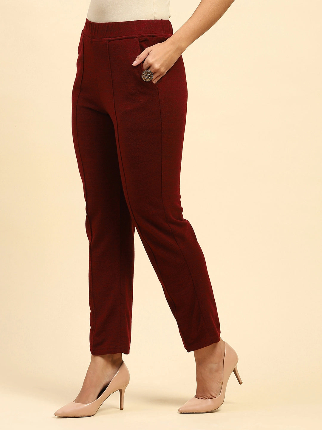 Dark Maroon Woolen Solid Pant For Winter - Global Republic