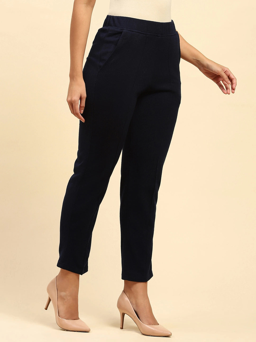 Navy Blue Woolen Solid Pant For Winter - Global Republic