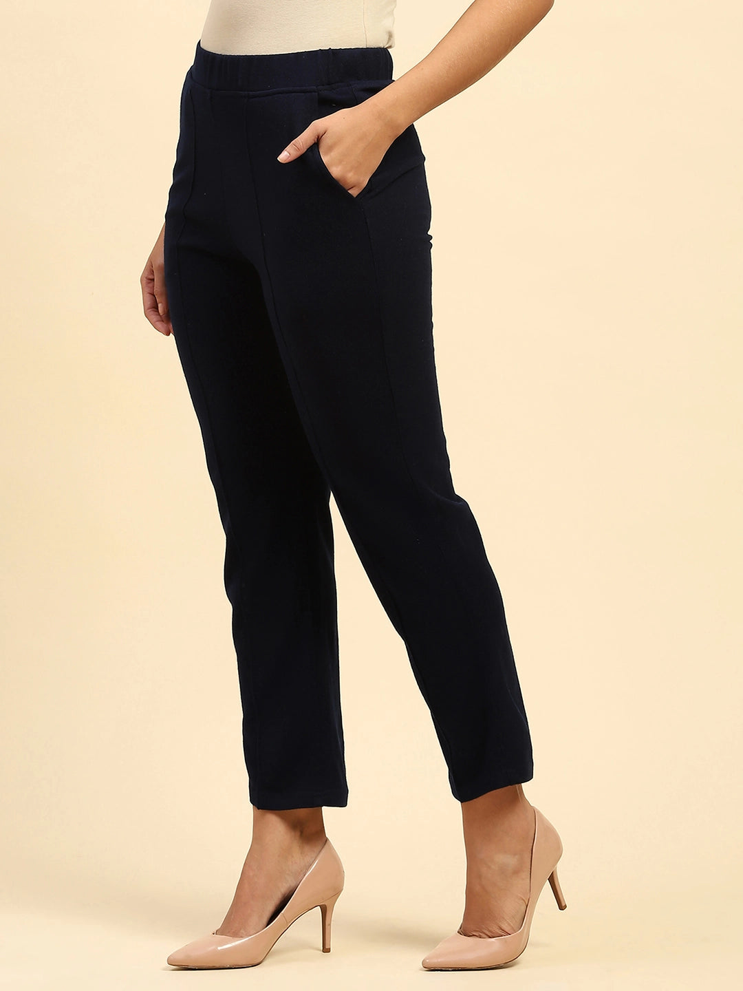 Navy Blue Woolen Solid Pant For Winter - Global Republic