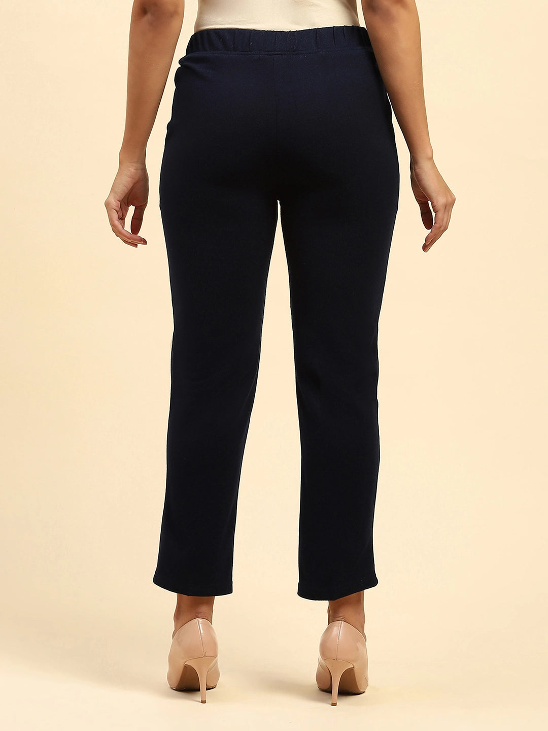 Navy Blue Woolen Solid Pant For Winter - Global Republic