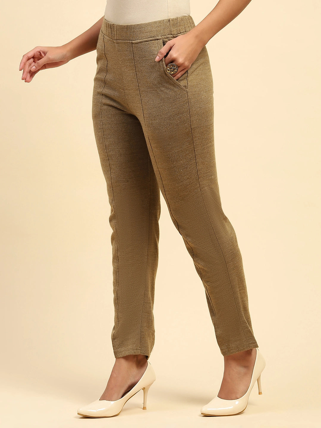 Beige Woolen Solid Pant For Winter - Global Republic