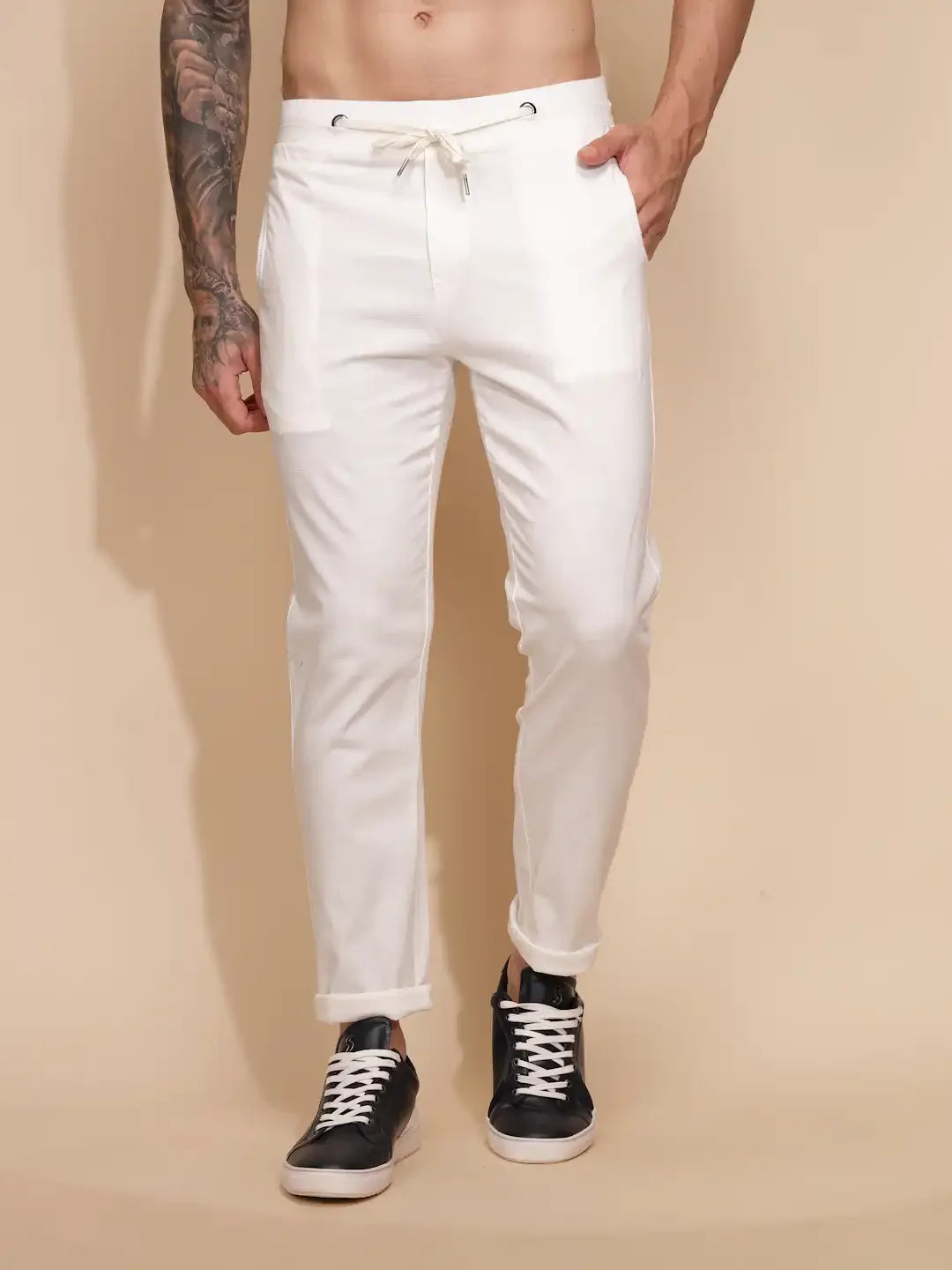 White Linen Blend Relaxed Fit Lower For Men