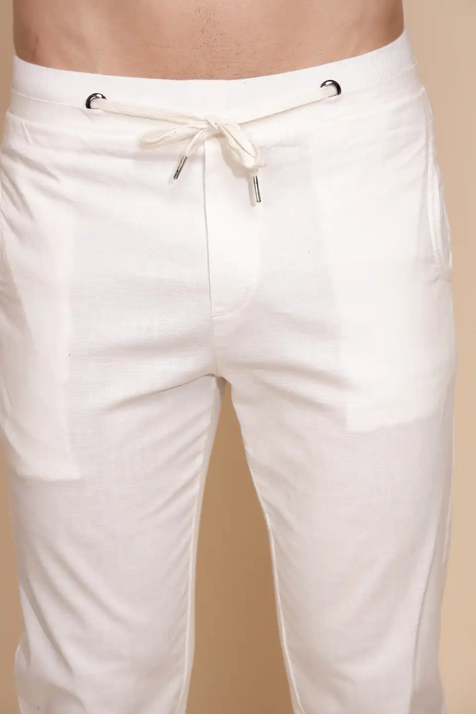 White Linen Blend Relaxed Fit Lower For Men