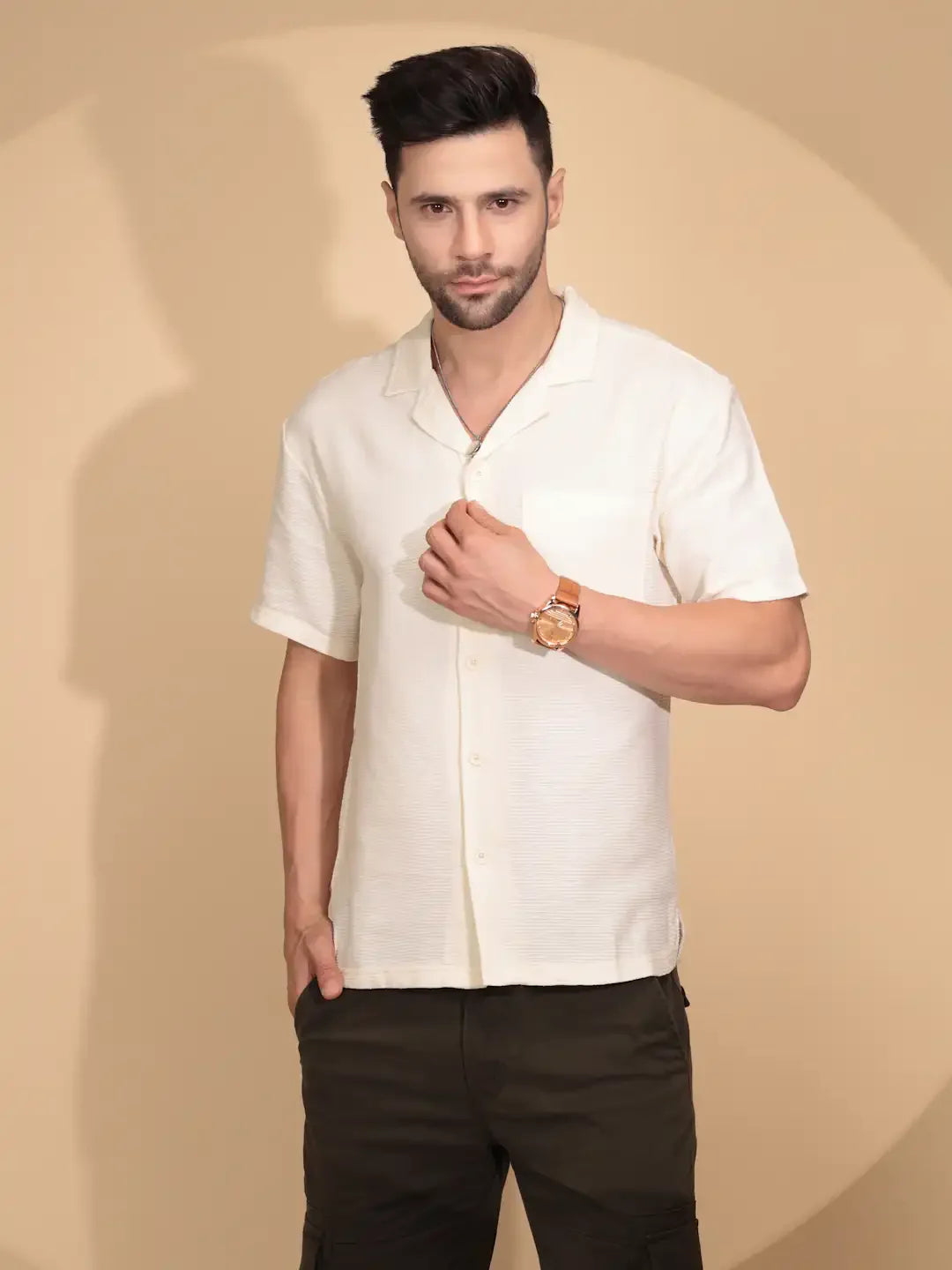 Cream Cotton Regular Fit Shirt For Mens - Global Republic