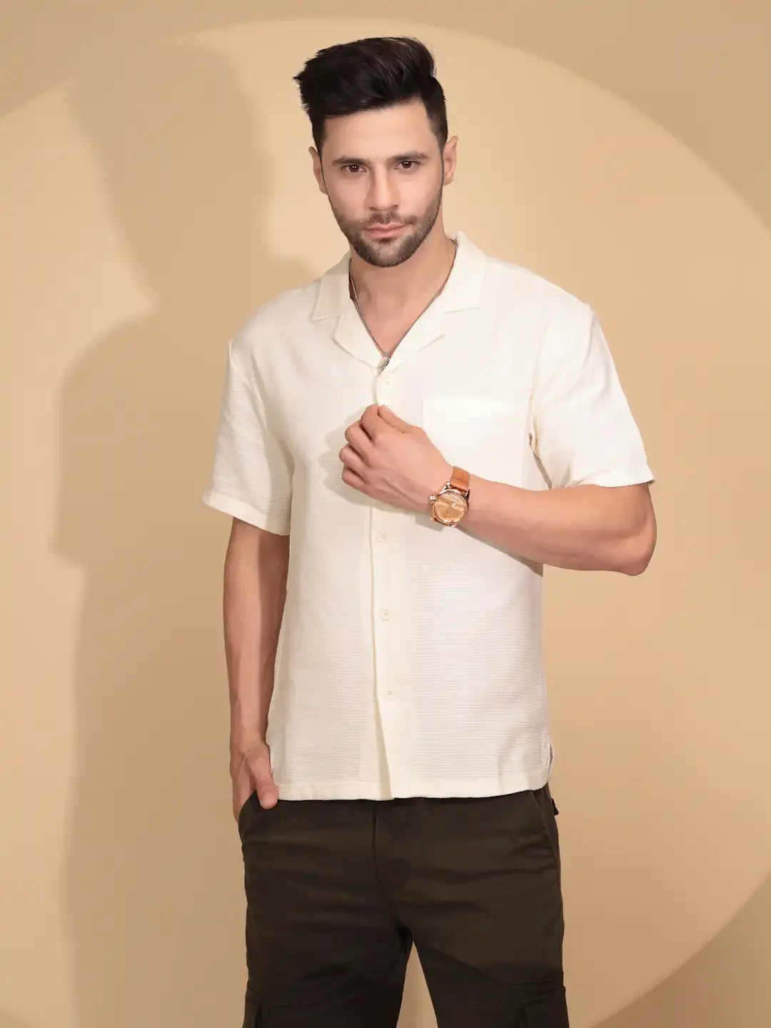 Cream Cotton Regular Fit Shirt For Mens