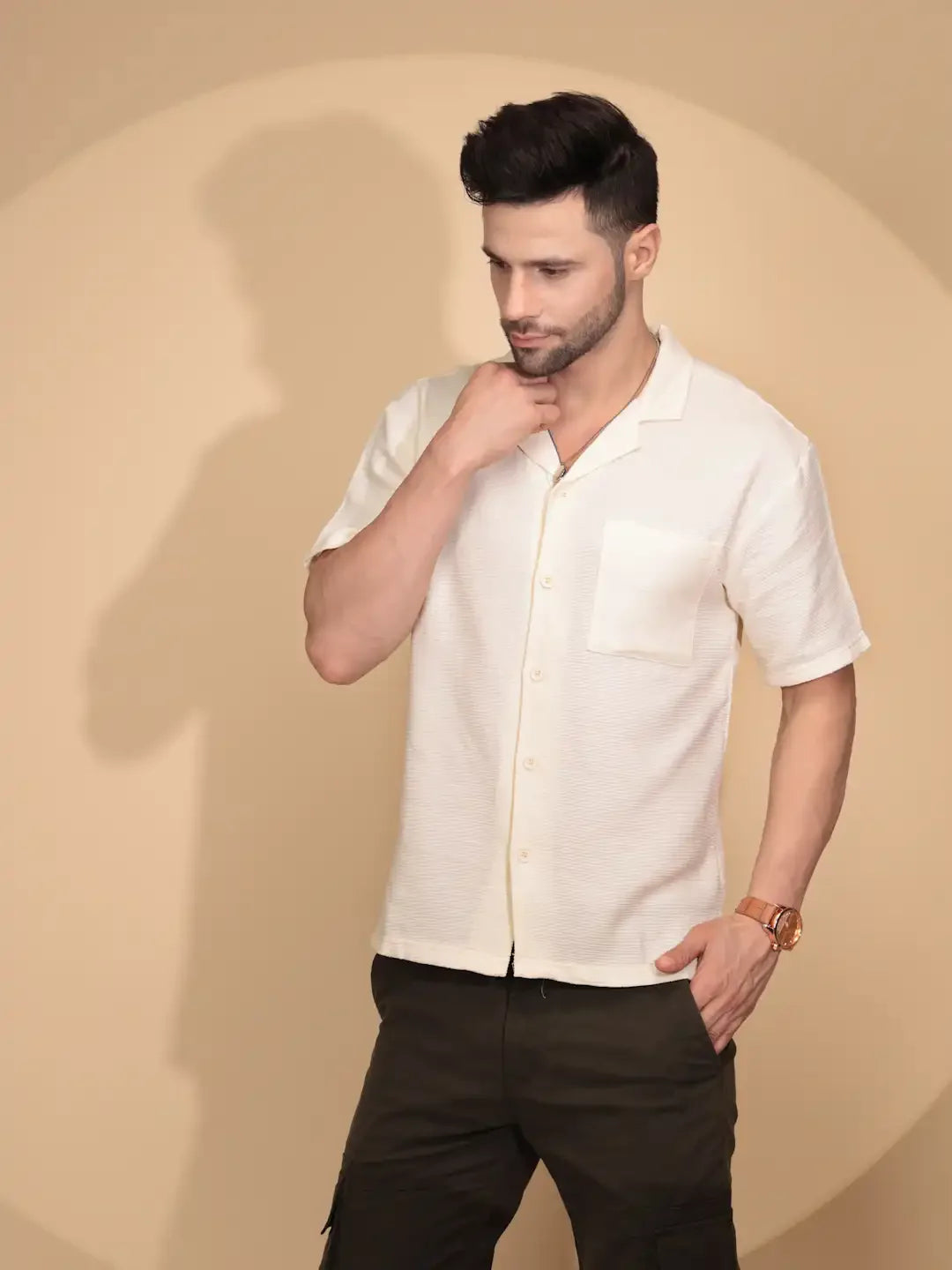 Cream Cotton Regular Fit Shirt For Mens - Global Republic