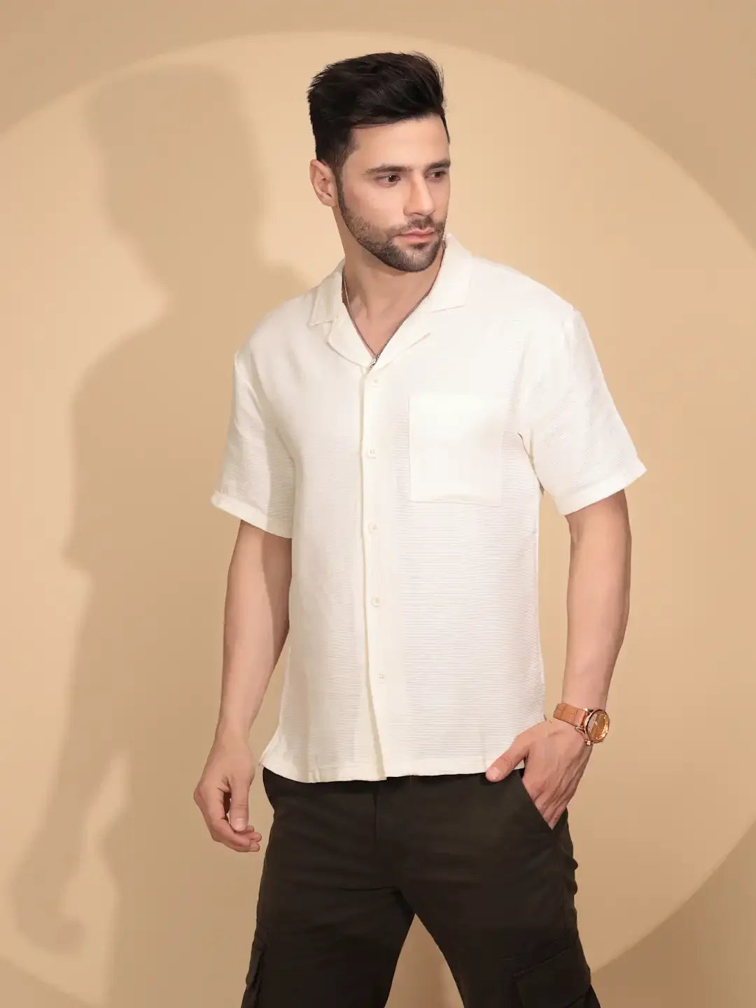 Cream Cotton Regular Fit Shirt For Mens - Global Republic