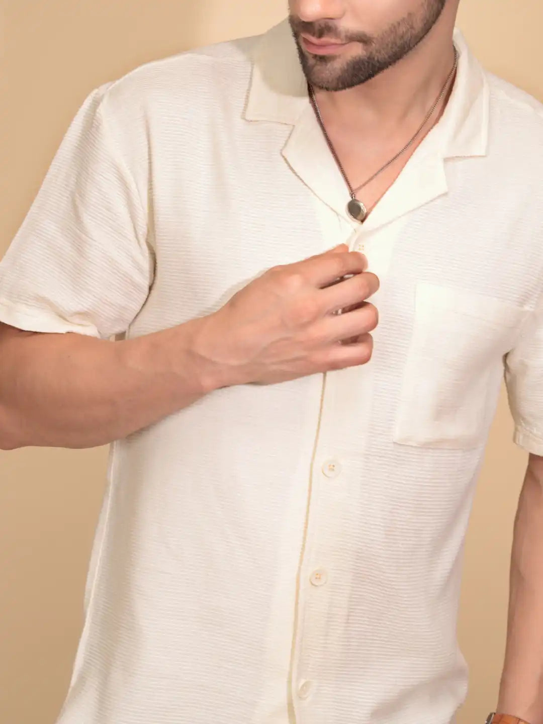 Cream Cotton Regular Fit Shirt For Mens