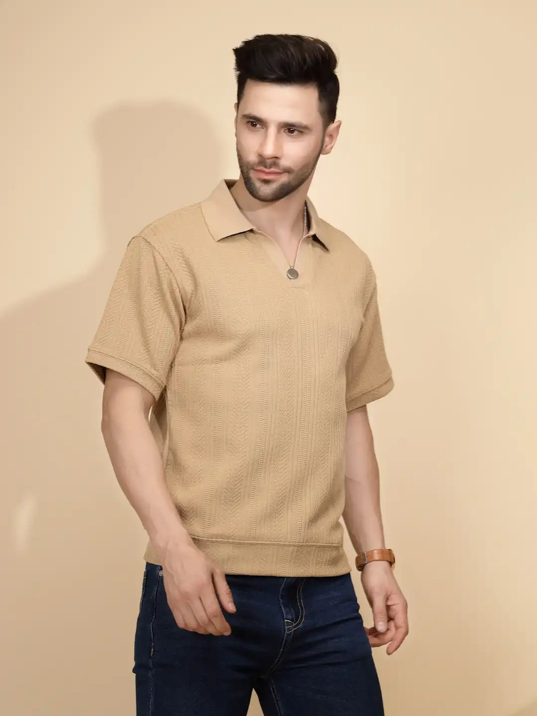 Khaki cotton Regular Fit T-Shirt - Global Republic