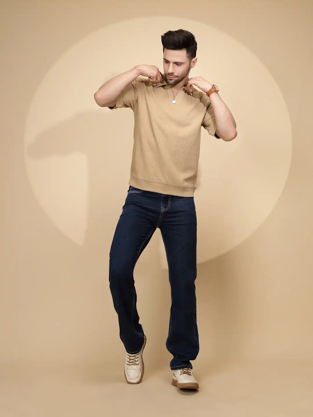 Khaki Polycotton Regular Fit T-Shirt For Mens