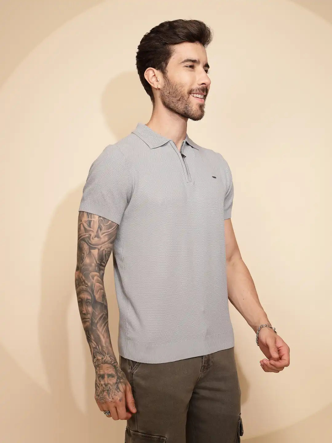 Grey Viscose Blend Regular Fit T-Shirt For Men - Global Republic