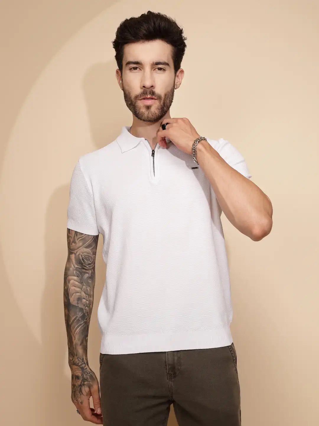 White Viscose Blend Regular Fit T-Shirt - Global Republic
