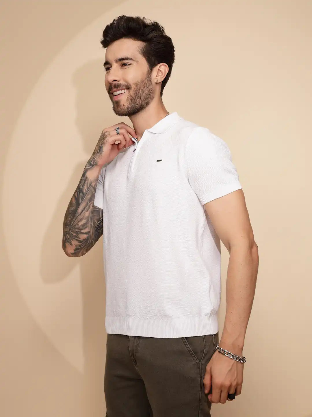 White Viscose Blend Regular Fit T-Shirt - Global Republic