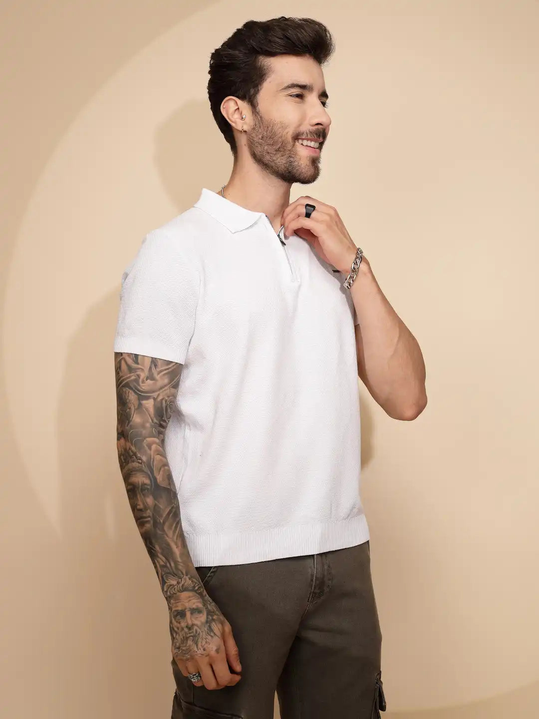 White Viscose Blend Regular Fit T-Shirt - Global Republic