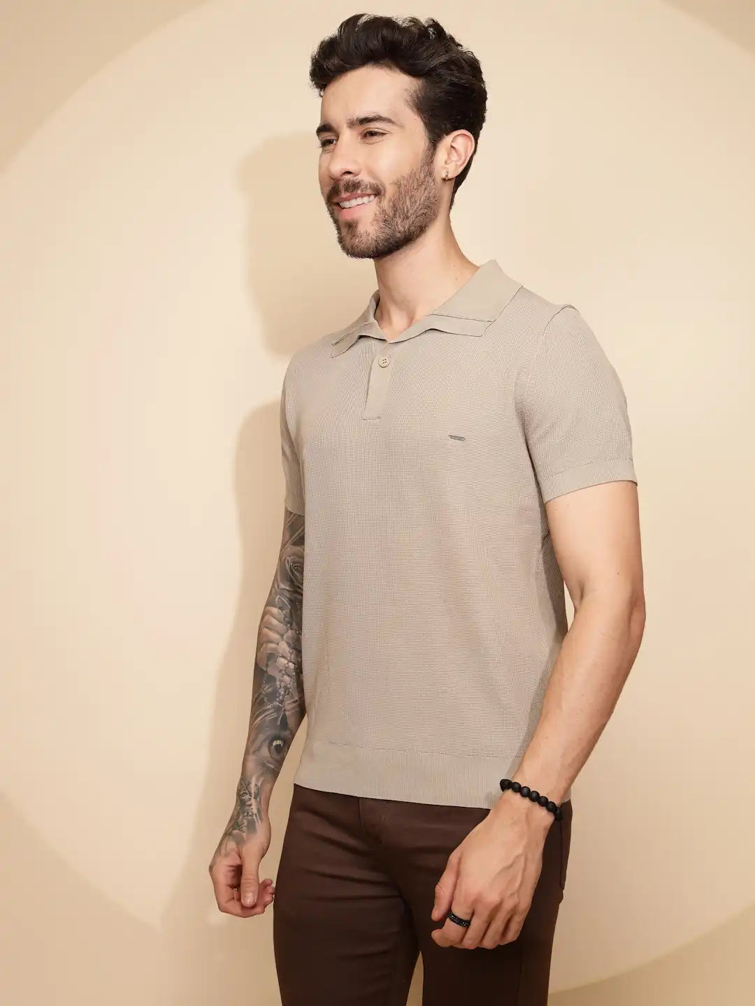Beige Viscose Blend Regular Fit T-Shirt - Global Republic