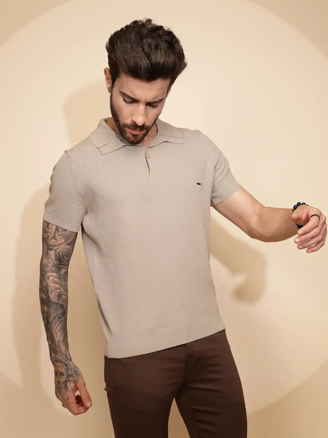 Beige Viscose Blend Regular Fit T-Shirt - Global Republic