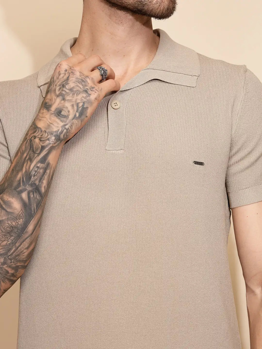 Beige Viscose Blend Regular Fit T-Shirt For Men