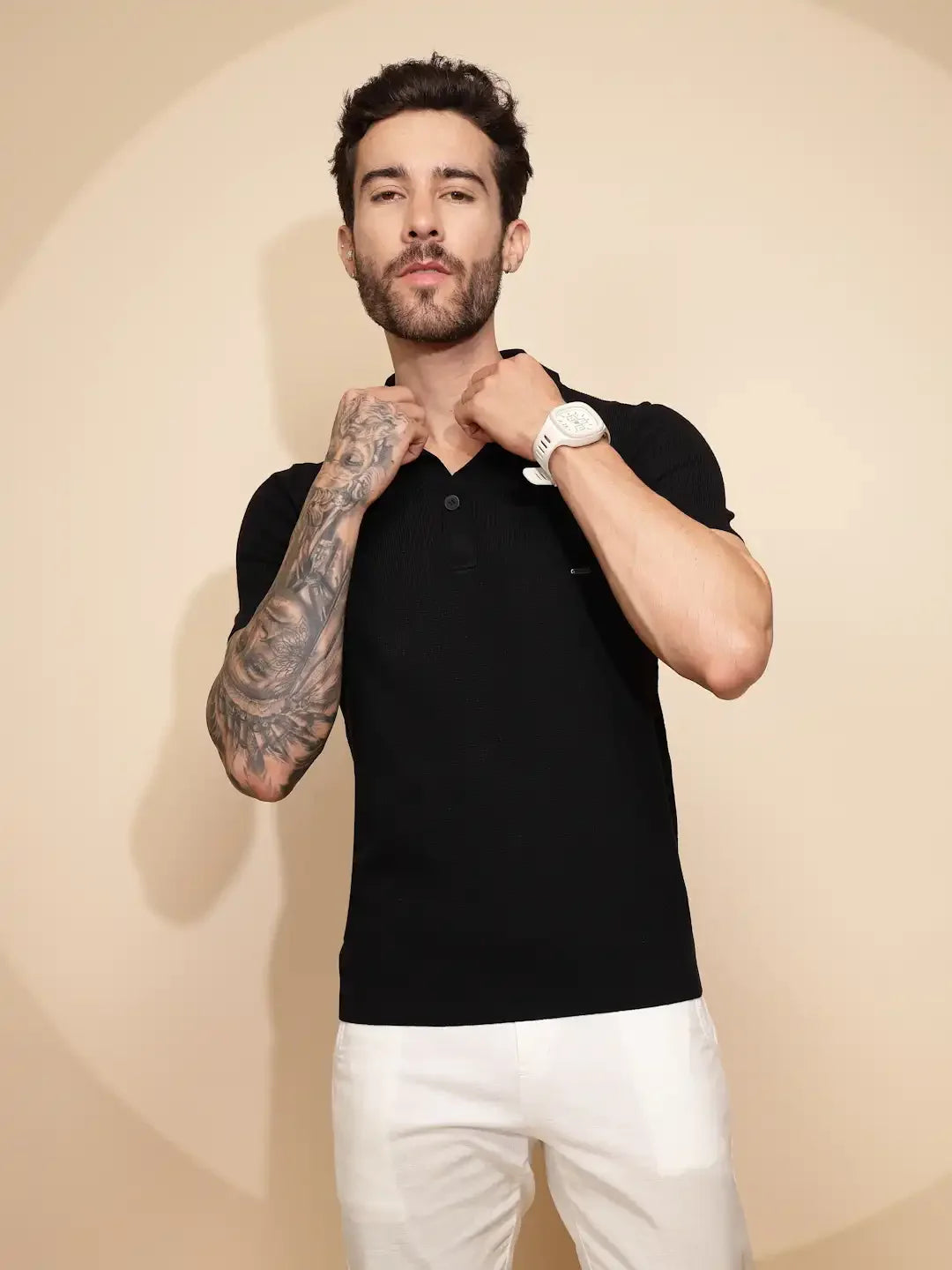 Black Viscose Blend Regular Fit T-Shirt For Men - Global Republic