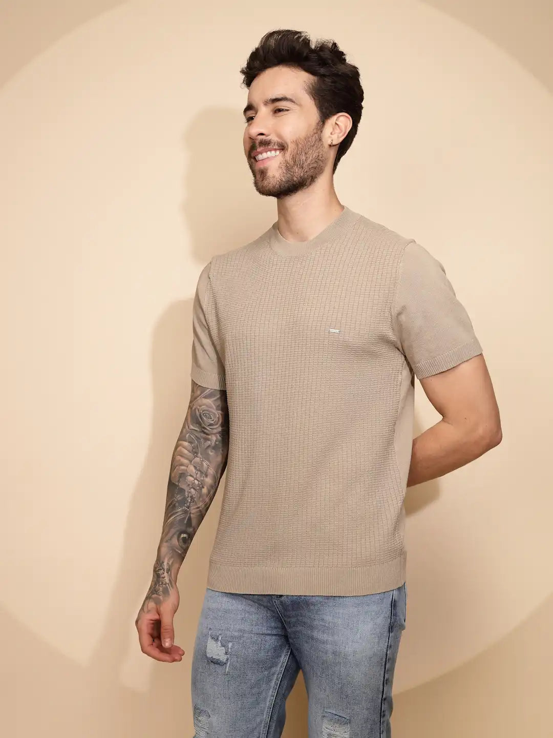 Beige Viscose Blend Regular Fit T-Shirt For Men - Global Republic