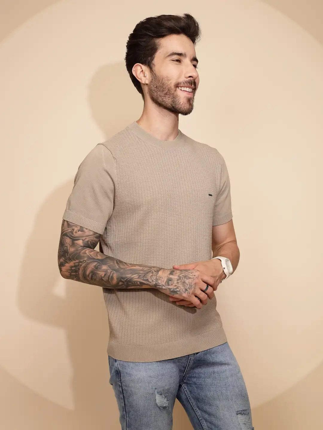 Beige Viscose Blend Regular Fit T-Shirt For Men - Global Republic