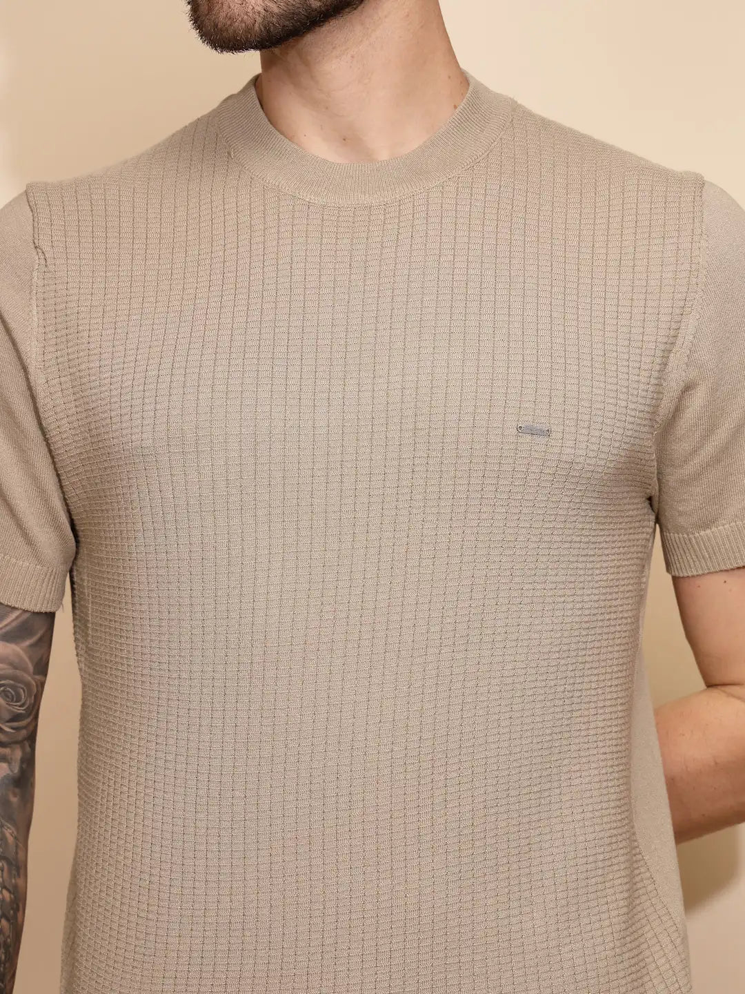 Beige Viscose Blend Regular Fit T-Shirt For Men - Global Republic