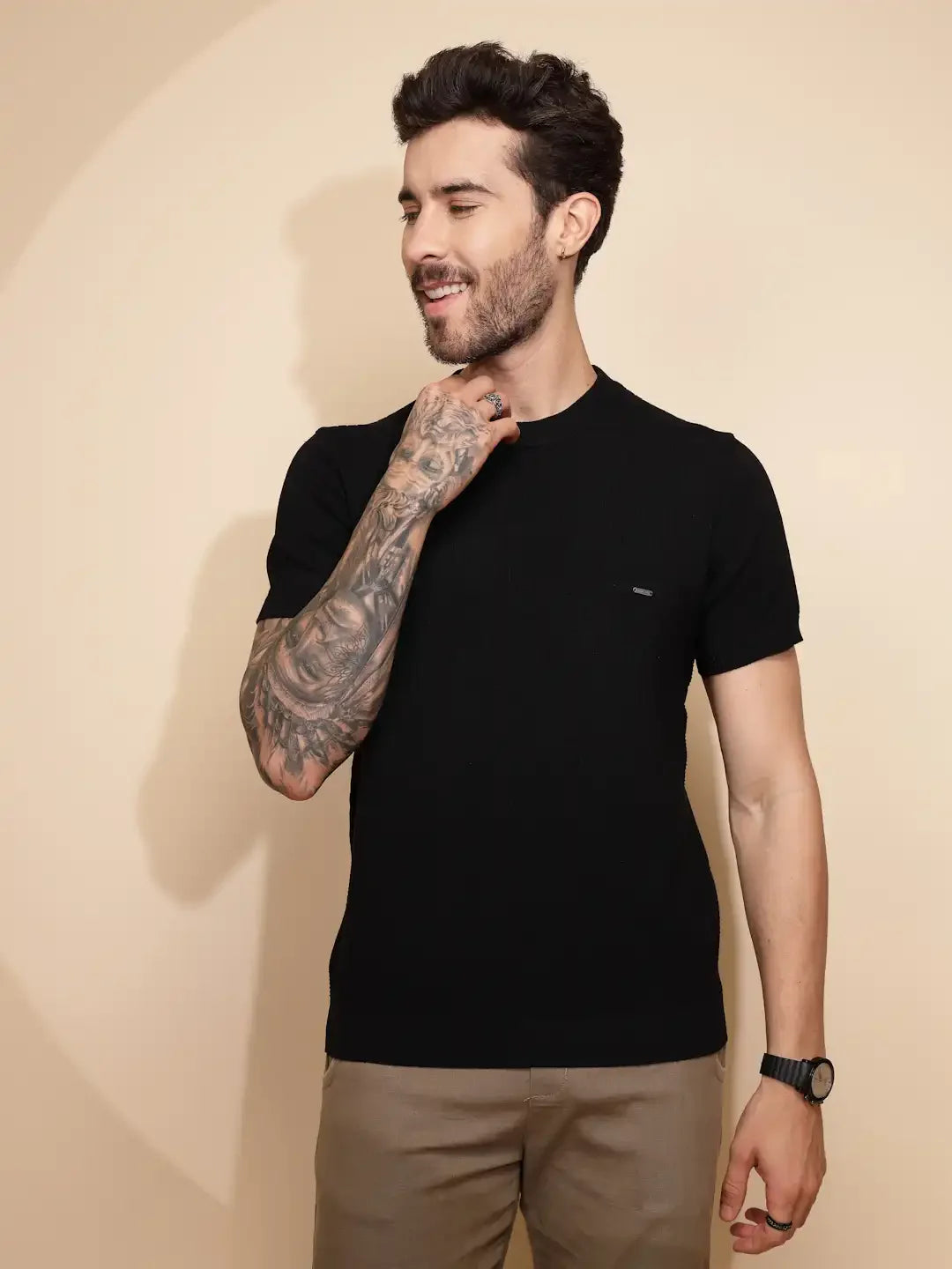 Black Viscose Blend Regular Fit T-Shirt - Global Republic