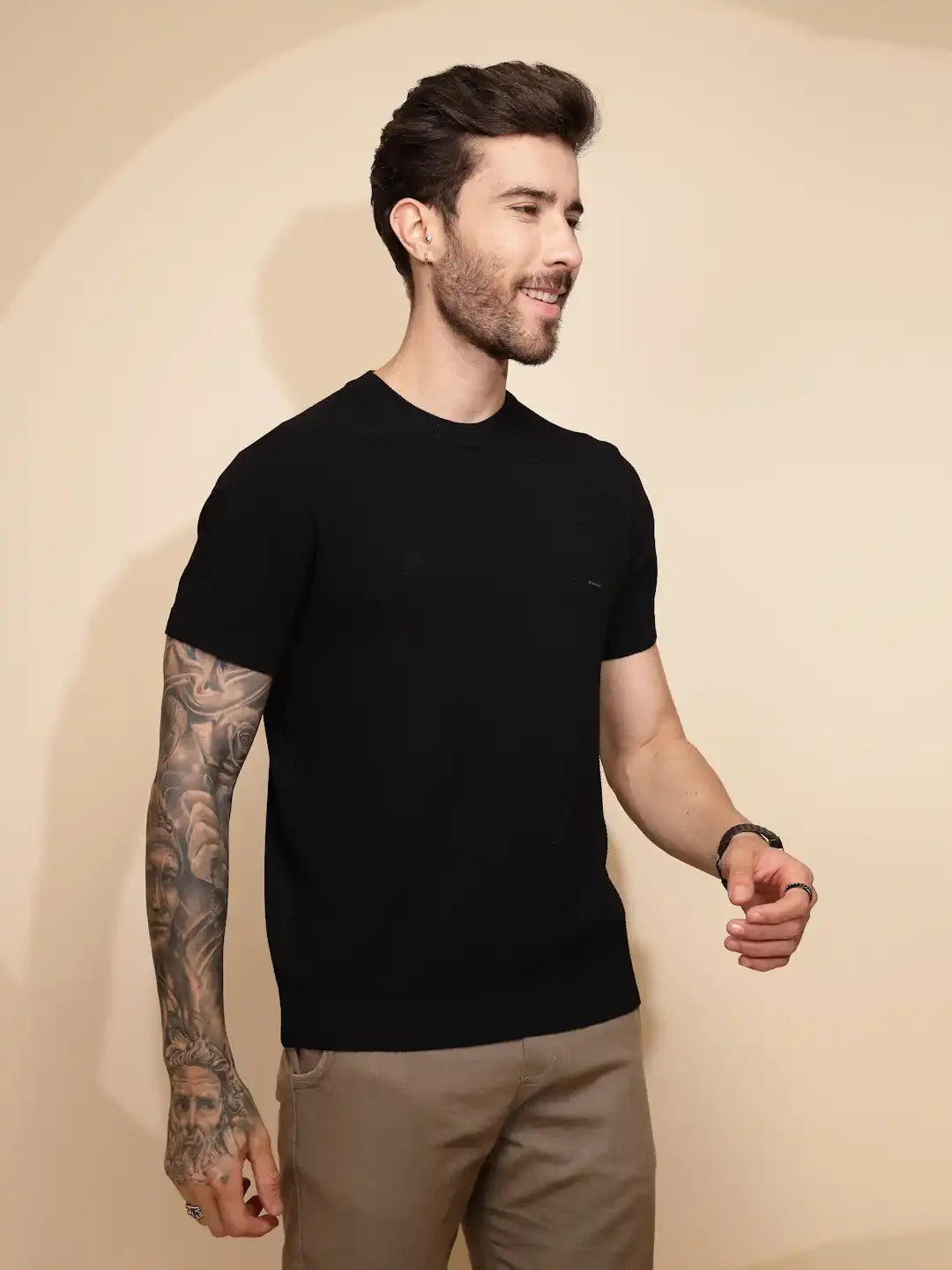 Black Viscose Blend Regular Fit T-Shirt - Global Republic