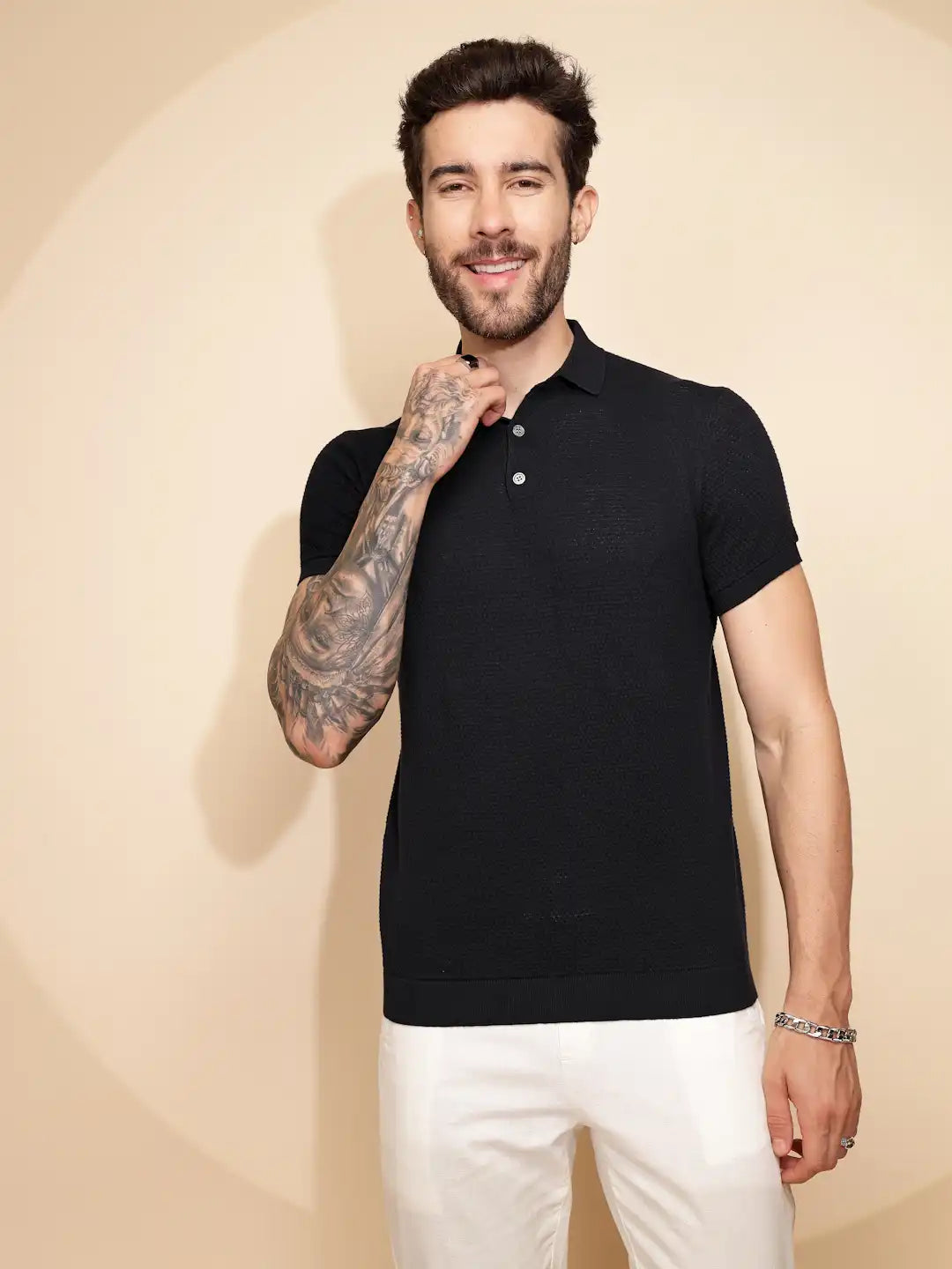 Navy Blue Cotton Regular Fit T-Shirt For Men - Global Republic
