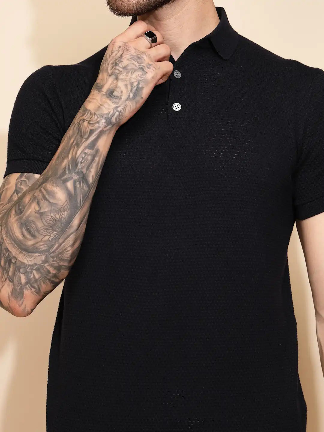 Navy Blue Cotton Regular Fit T-Shirt For Men - Global Republic