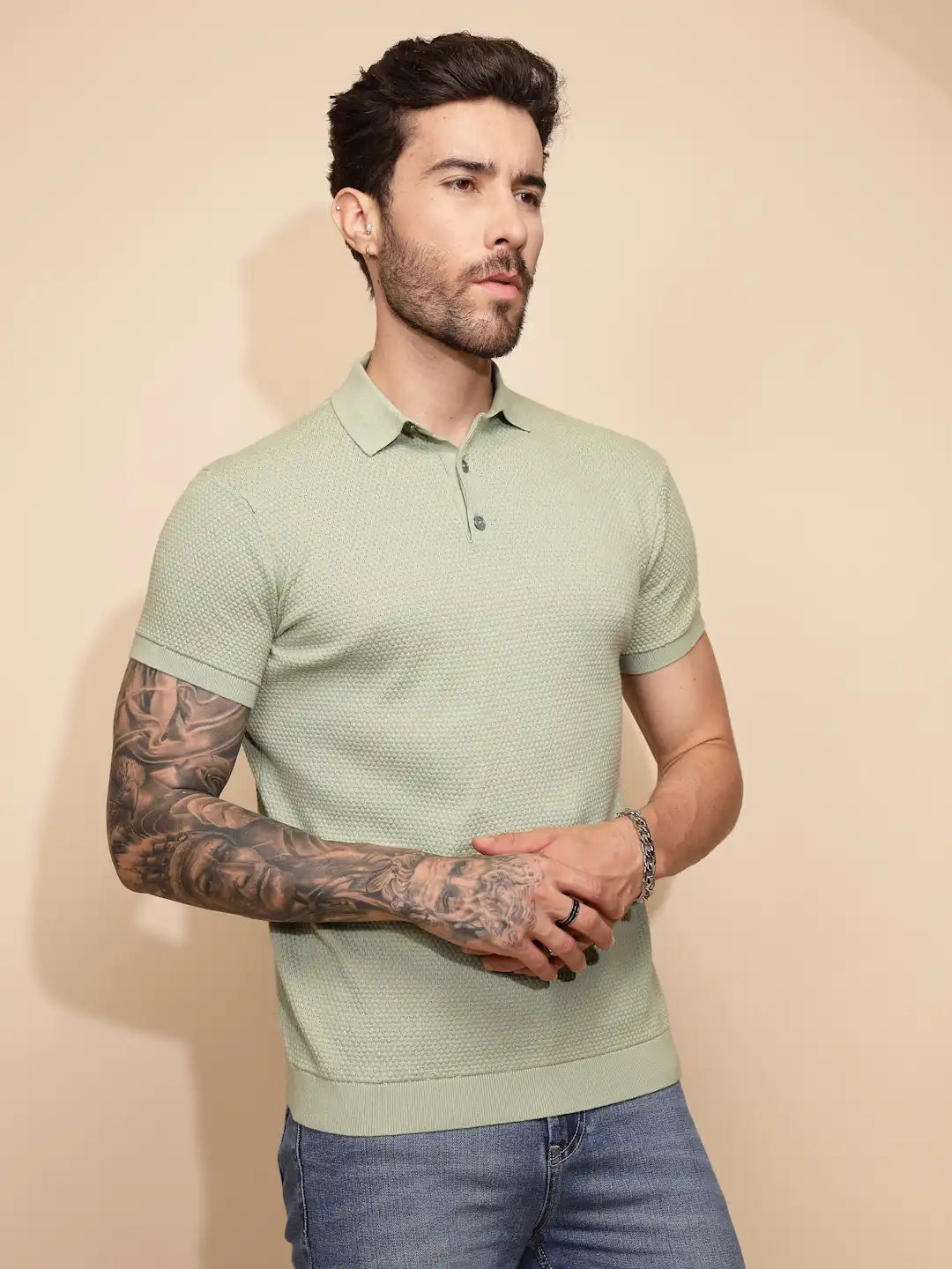 Sage Green Cotton Regular Fit T-Shirt For Men - Global Republic