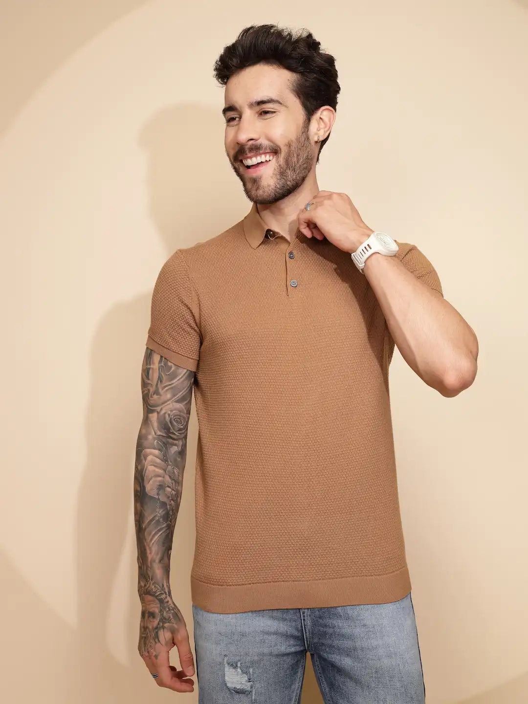 Brown Cotton Regular Fit T-Shirt For Men - Global Republic