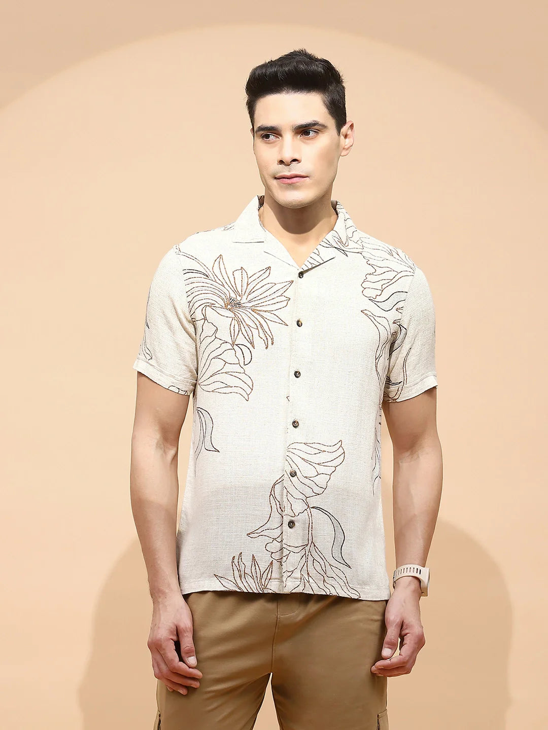 Natural Beige Cotton Regular Fit Shirt For Men - Global Republic