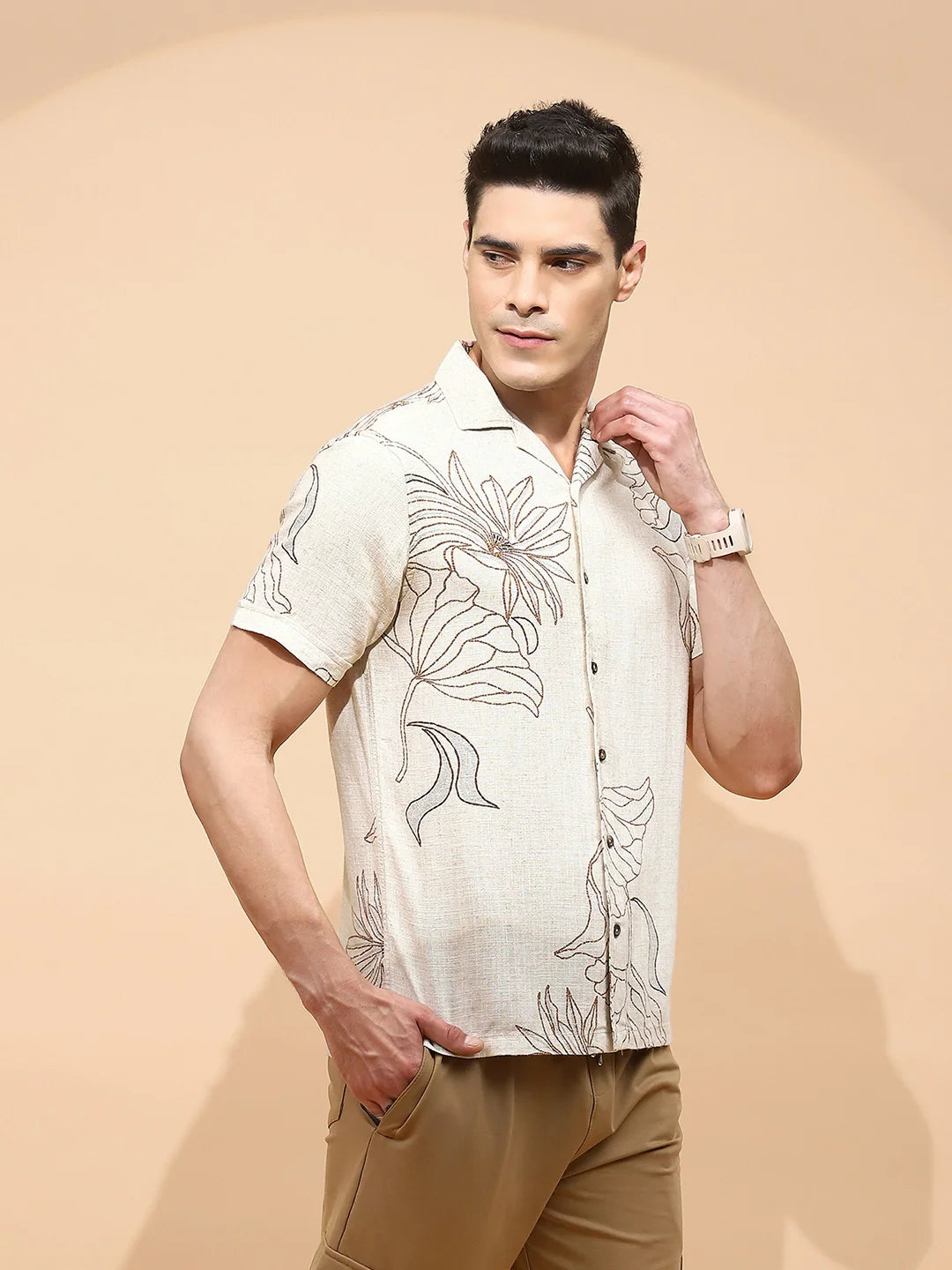 Natural Beige Cotton Regular Fit Shirt For Men - Global Republic