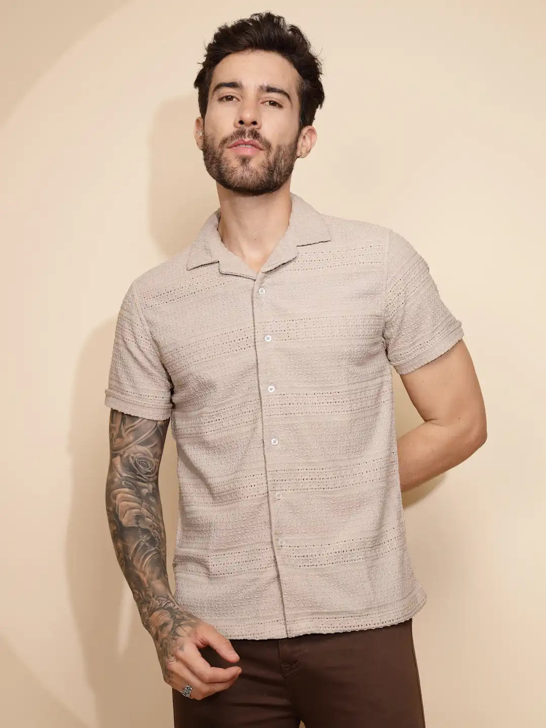 Beige Polyester Blend Regular Fit Shirt For Men