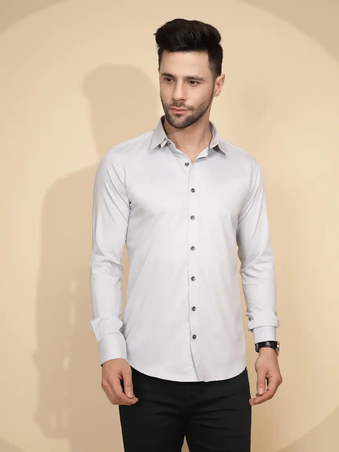 Grey Cotton Blend Regular Fit Shirt - Global Republic